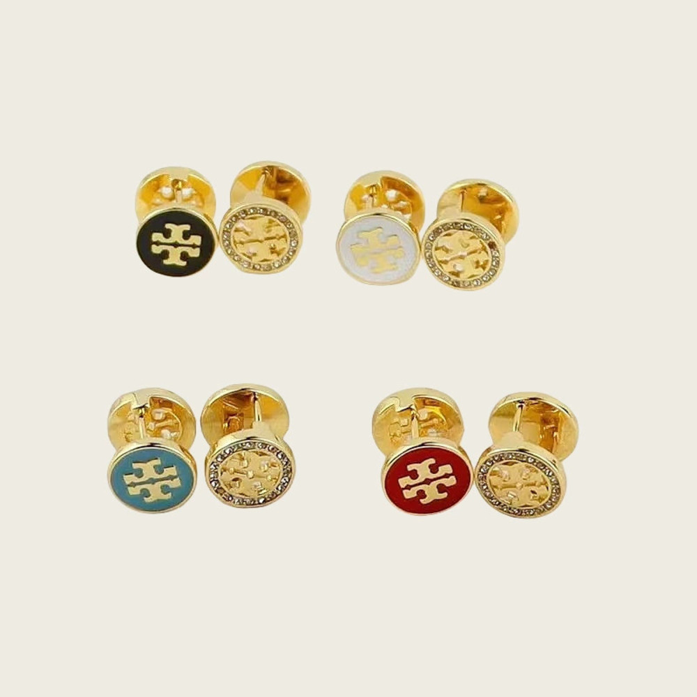 Tory Burch Reversible Enamel Rhinestone Earrings Gold Plated Brass Round